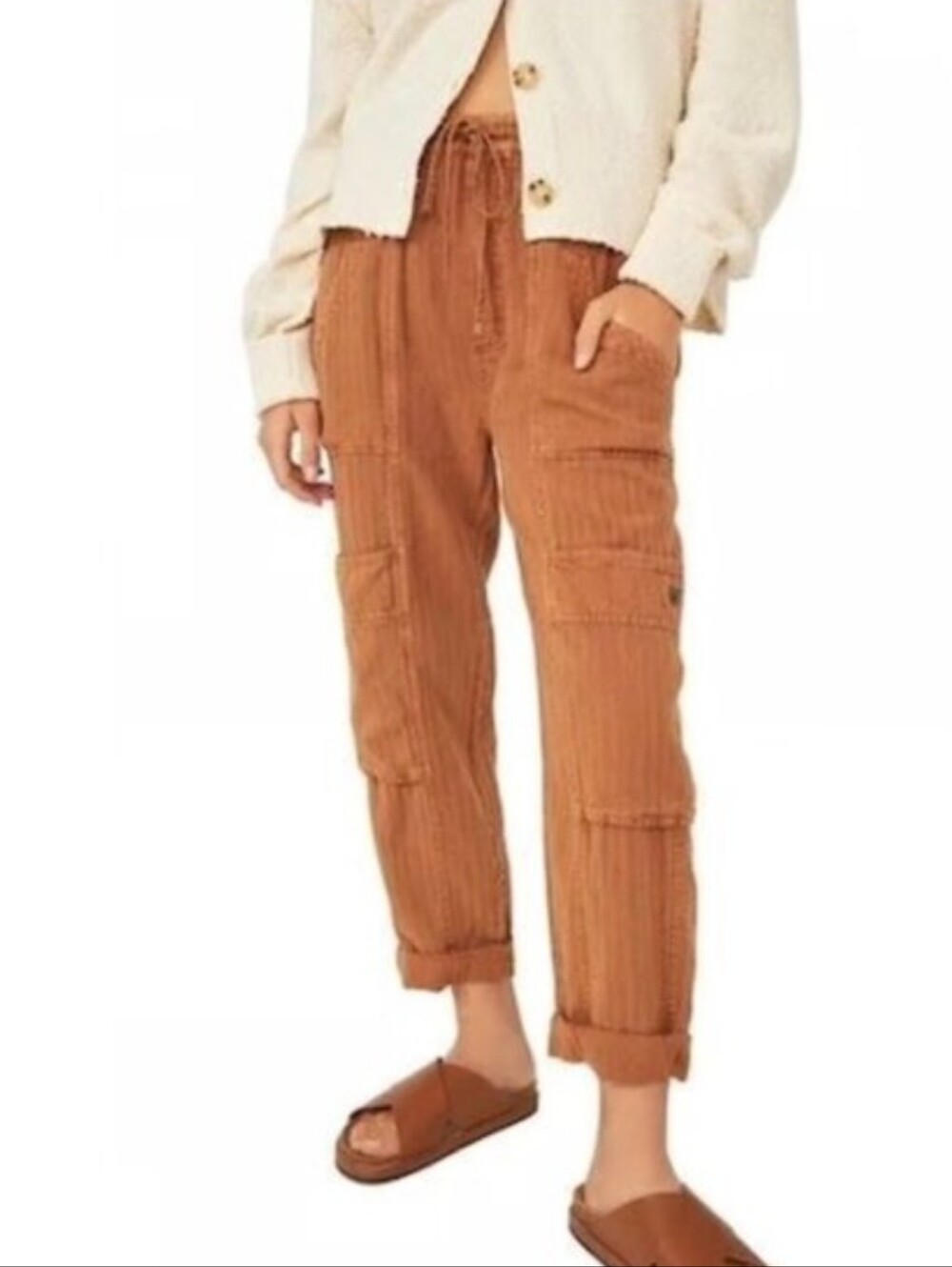 Nwt Free People Feel Good Utility Pants Linen Blend Cargo Campground Brown XS